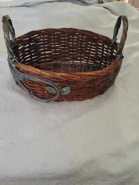 Vtg.Woven Decorative Brown Basket with Green Accent Handles